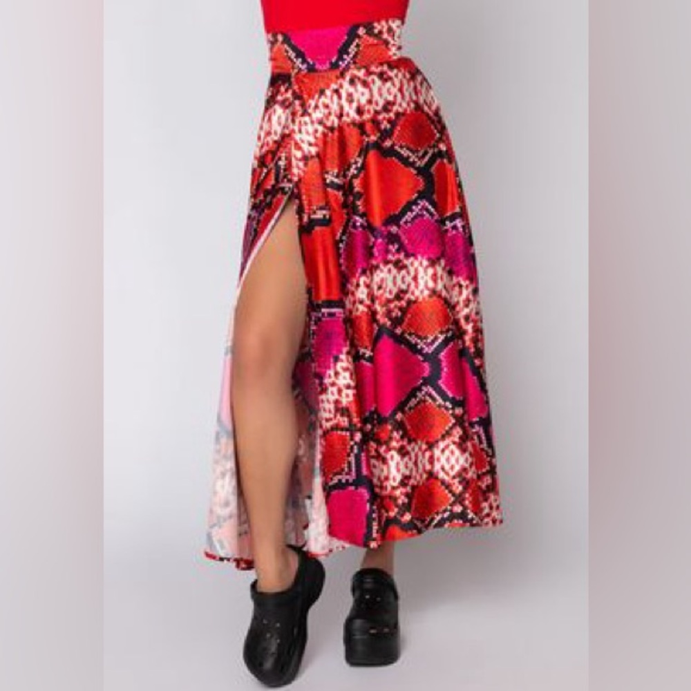 Hot Pink animal print maxi skirt flared statement
